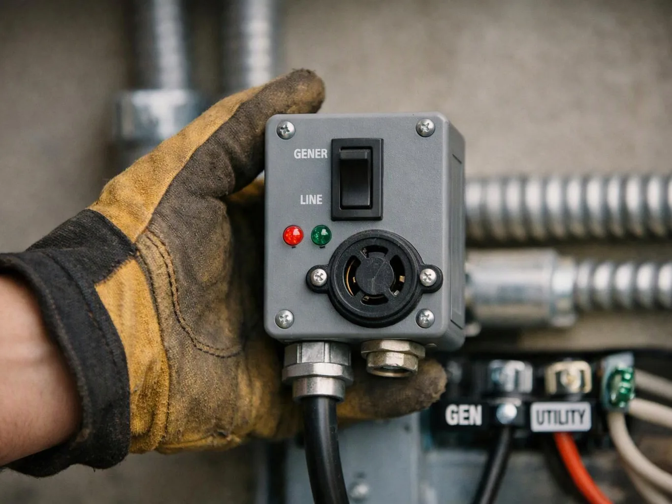 A gloved hand holds a gray electrical switch box with cables and indicator lights in a utility setup