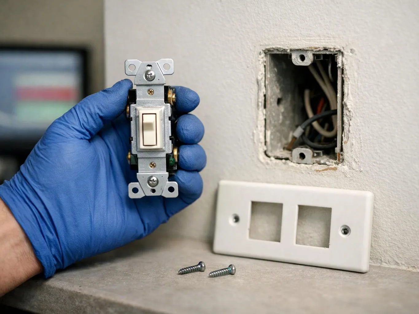 A gloved hand holds a light switch beside an open wall box, with a faceplate and screws on the counter