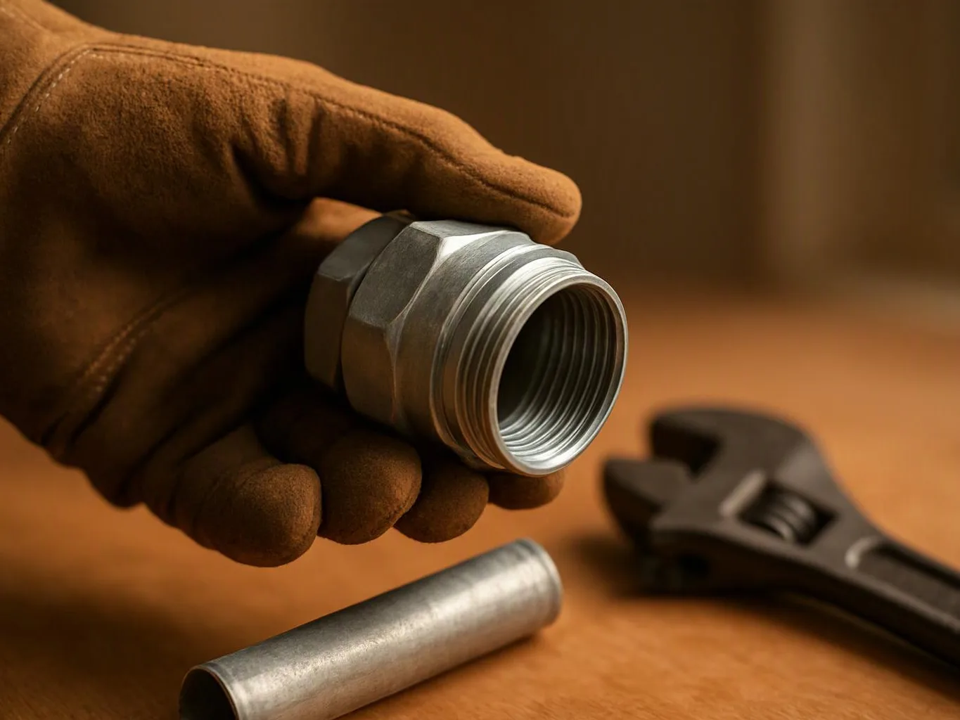 A gloved hand holds a metal threaded fitting beside a pipe segment and adjustable wrench on a wooden surface