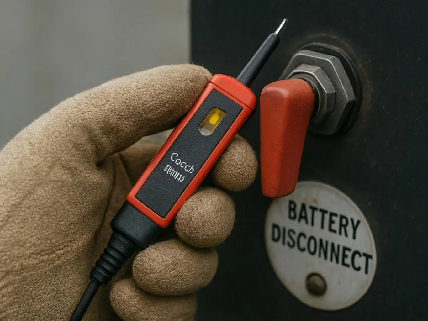 A gloved hand holds a red test probe near a battery disconnect switch with a labeled plate