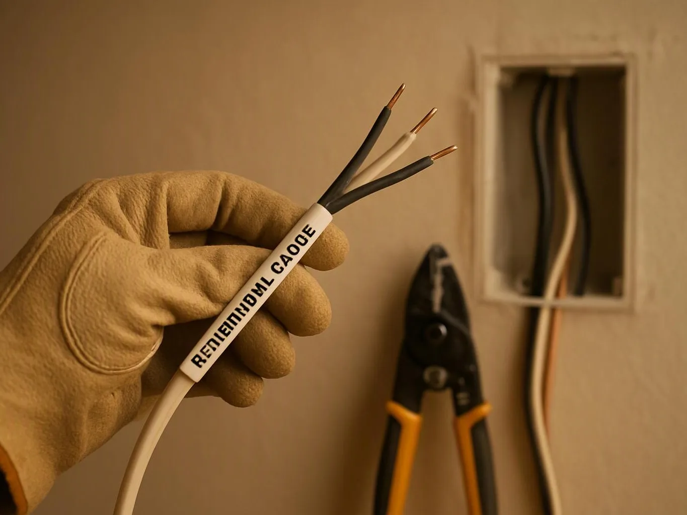 A gloved hand holds three stripped electrical wires beside a wall box and wire cutters
