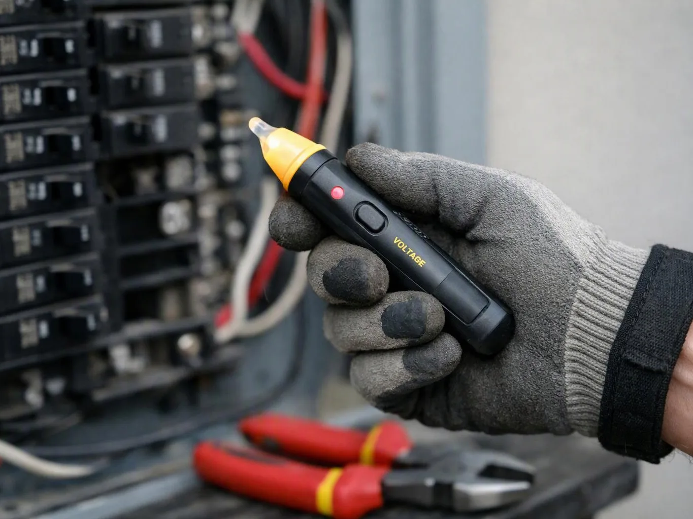 A gloved hand holds a voltage tester near an electrical panel with wires and red-handled pliers visible