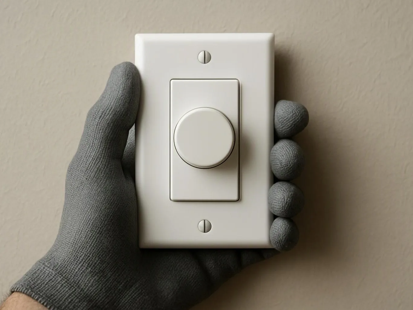 A gloved hand holds a white dimmer switch against a beige wall