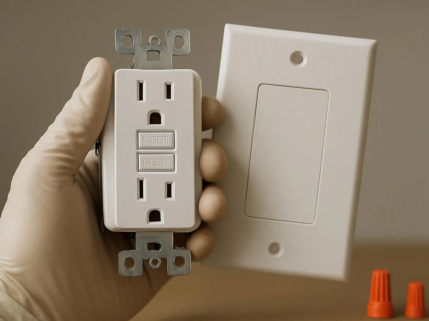 A gloved hand holds a white duplex outlet beside a matching wall plate, with wire connectors on the table