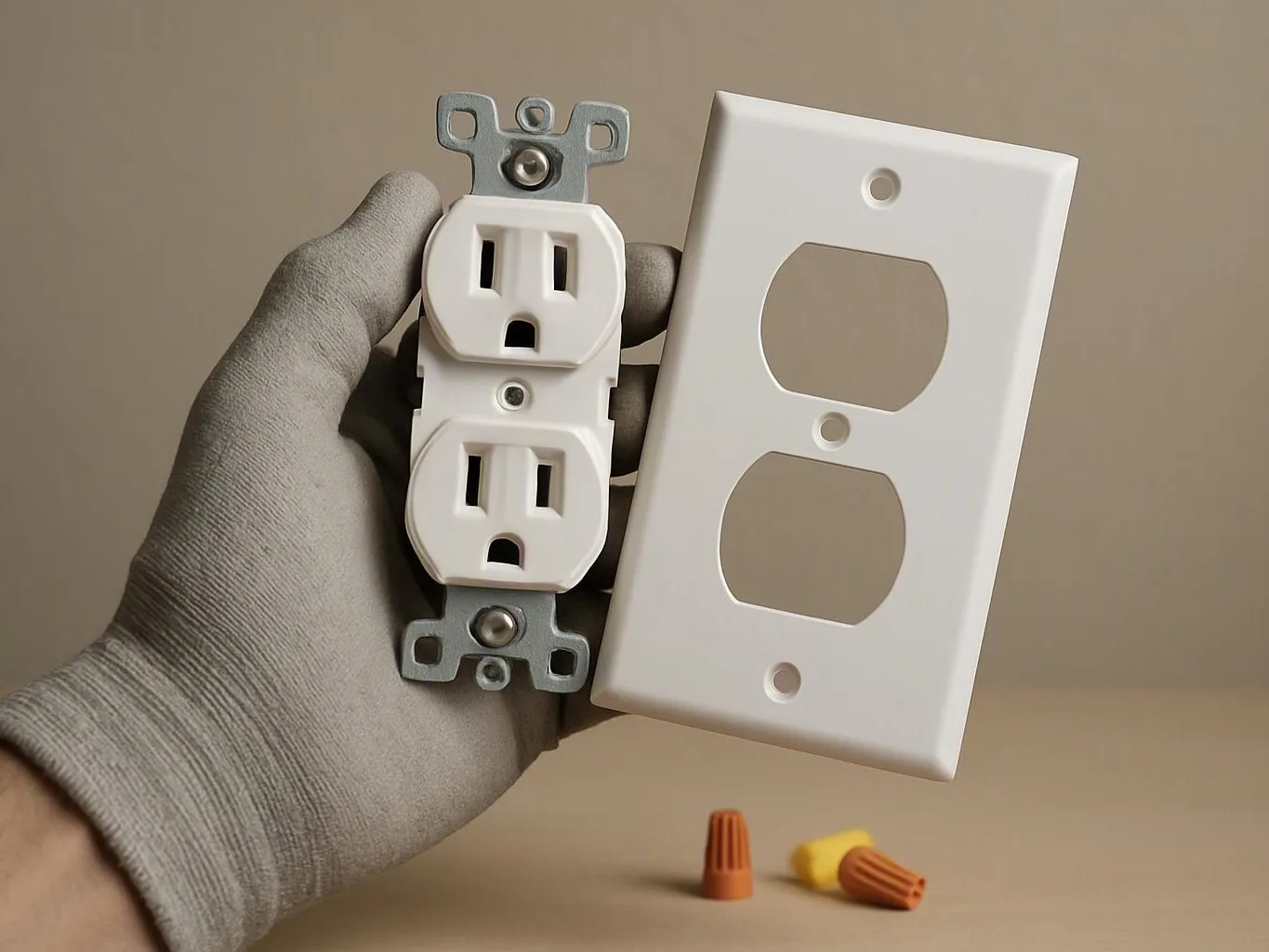 A gloved hand holds a white duplex outlet and matching wall plate, with wire connectors on the table behind