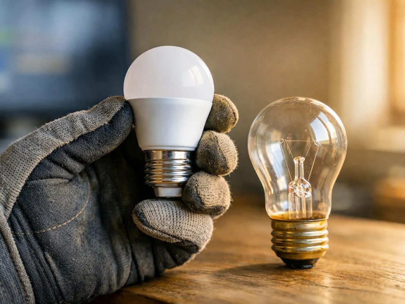 A gloved hand holds a white LED bulb beside a clear old-style bulb on a wooden table