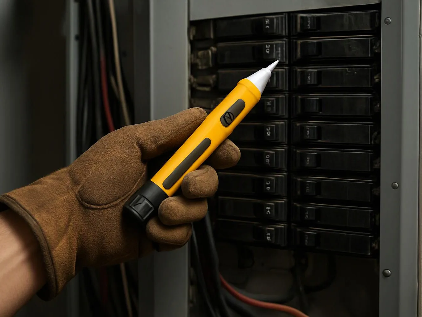 A gloved hand holds a yellow tester near circuit breakers inside an open electrical panel