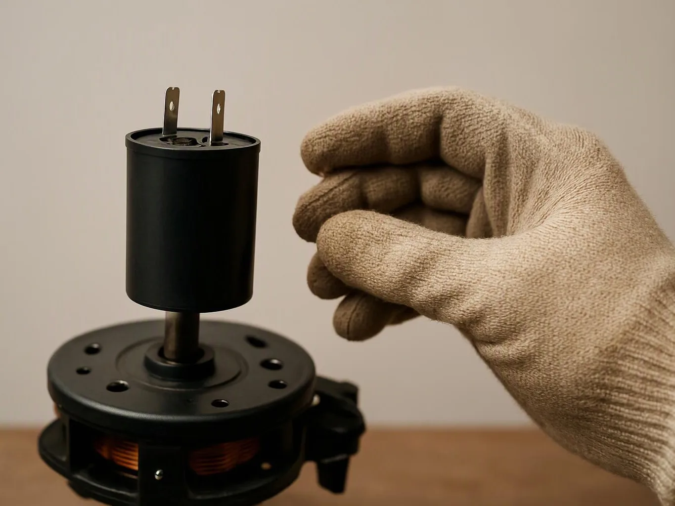 A gloved hand reaches toward a black electrical motor part on a tabletop against a plain wall