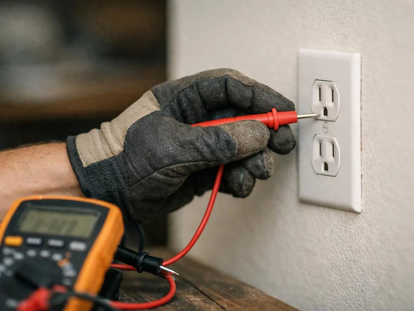 A gloved hand tests a wall outlet with a red probe beside a digital meter
