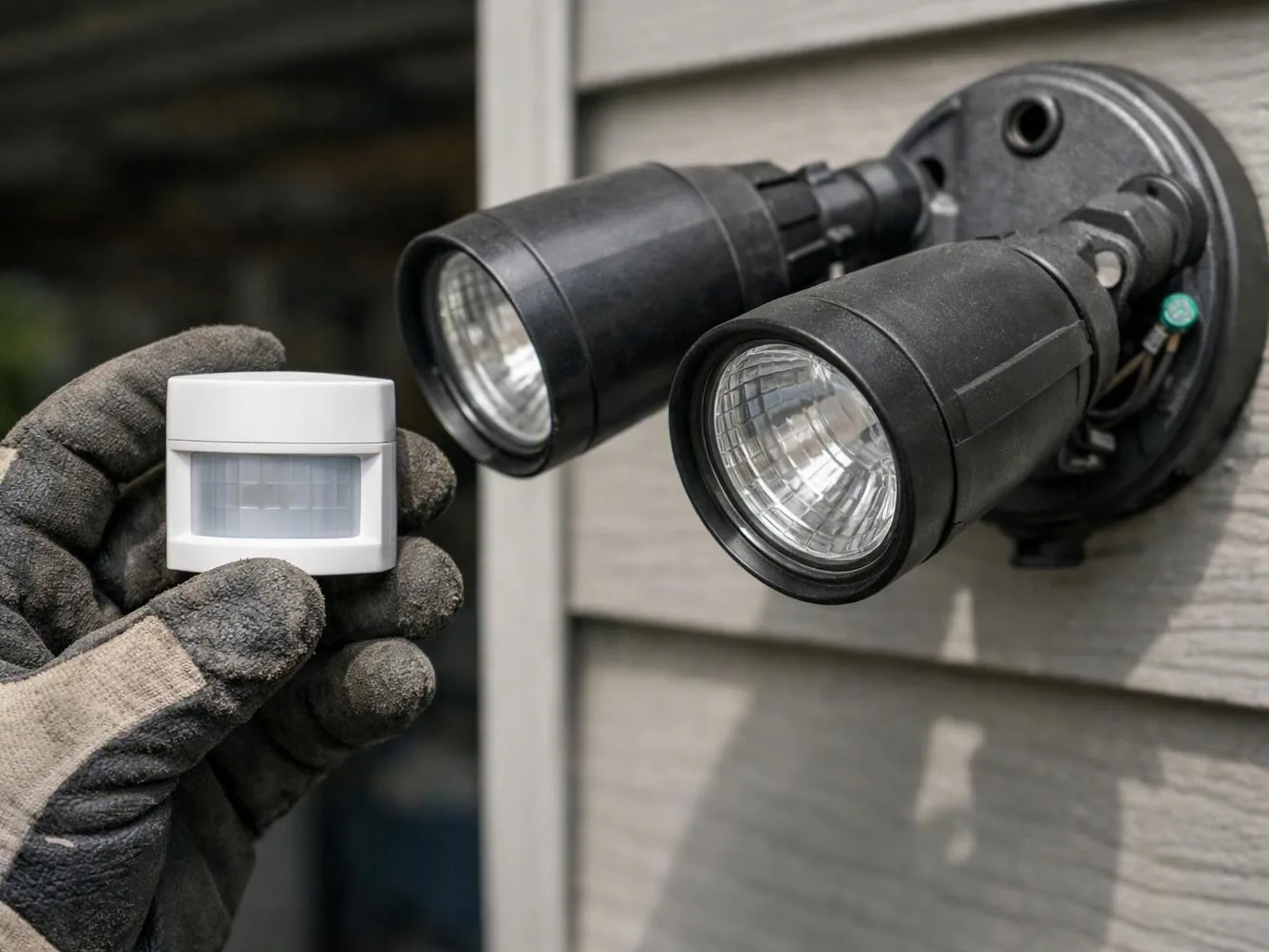 Gloved hands hold a small white motion sensor beside two black outdoor security lights on siding