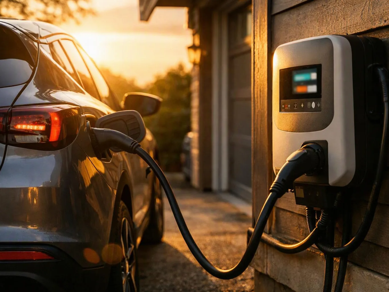 A gray SUV charges from a wall-mounted electric station in a sunlit driveway at sunset