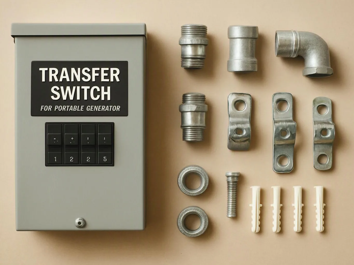 A gray transfer switch box sits beside metal fittings, brackets, a bolt, washers, and white wall anchors on a tan surface