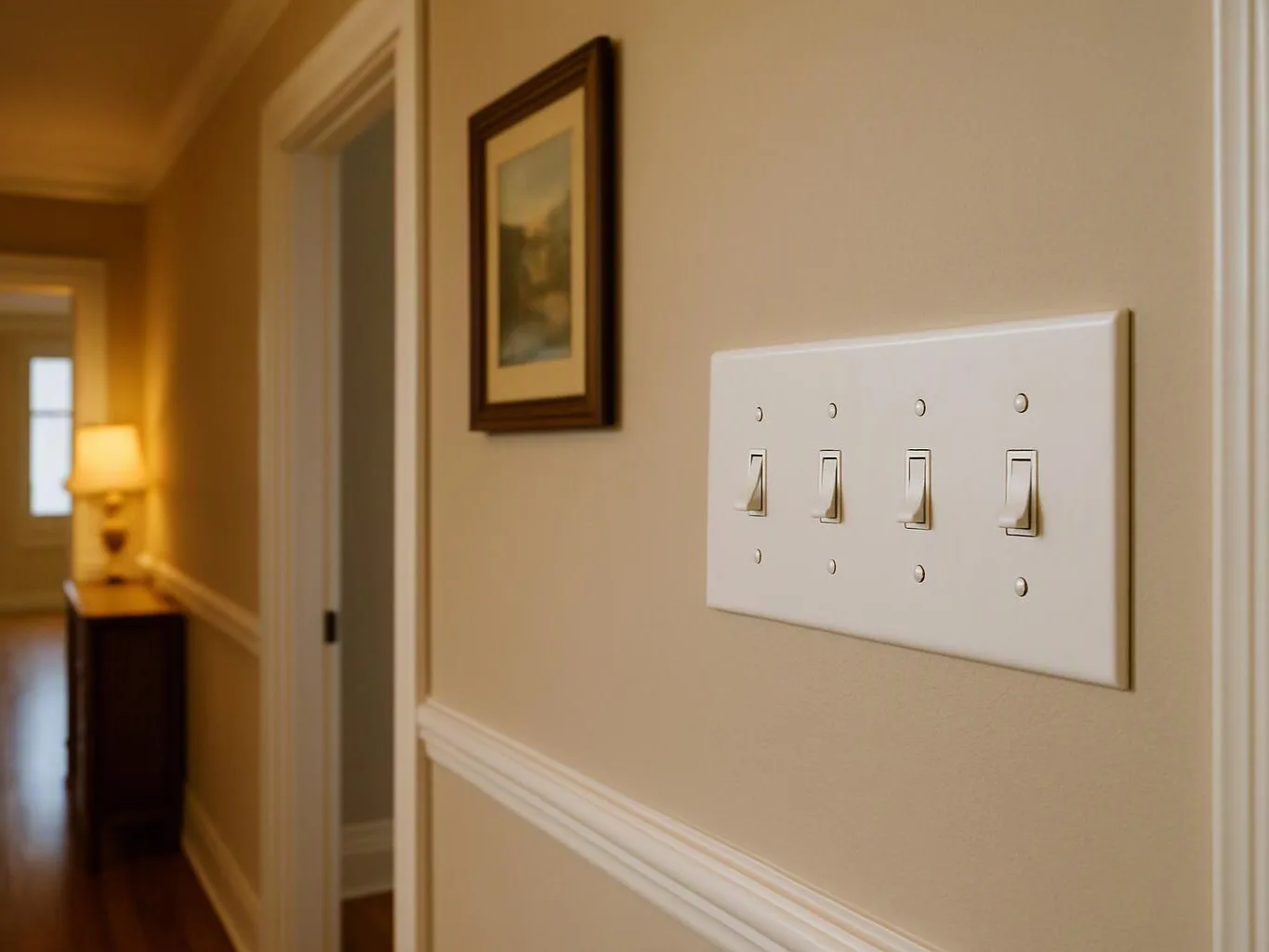 A hallway wall shows a four-switch light plate, with a lamp glowing in the background