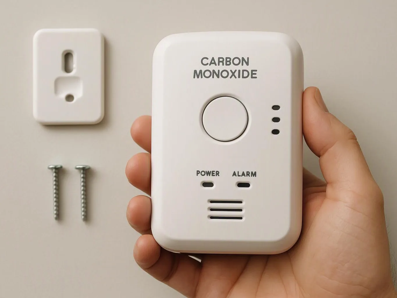 A hand holds a carbon monoxide alarm beside a wall outlet and two screws on a plain surface