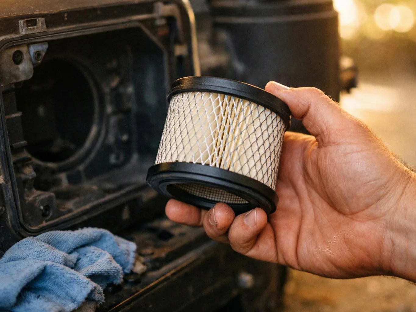 A hand holds a cylindrical air filter beside an open machine compartment, with a blue cloth below