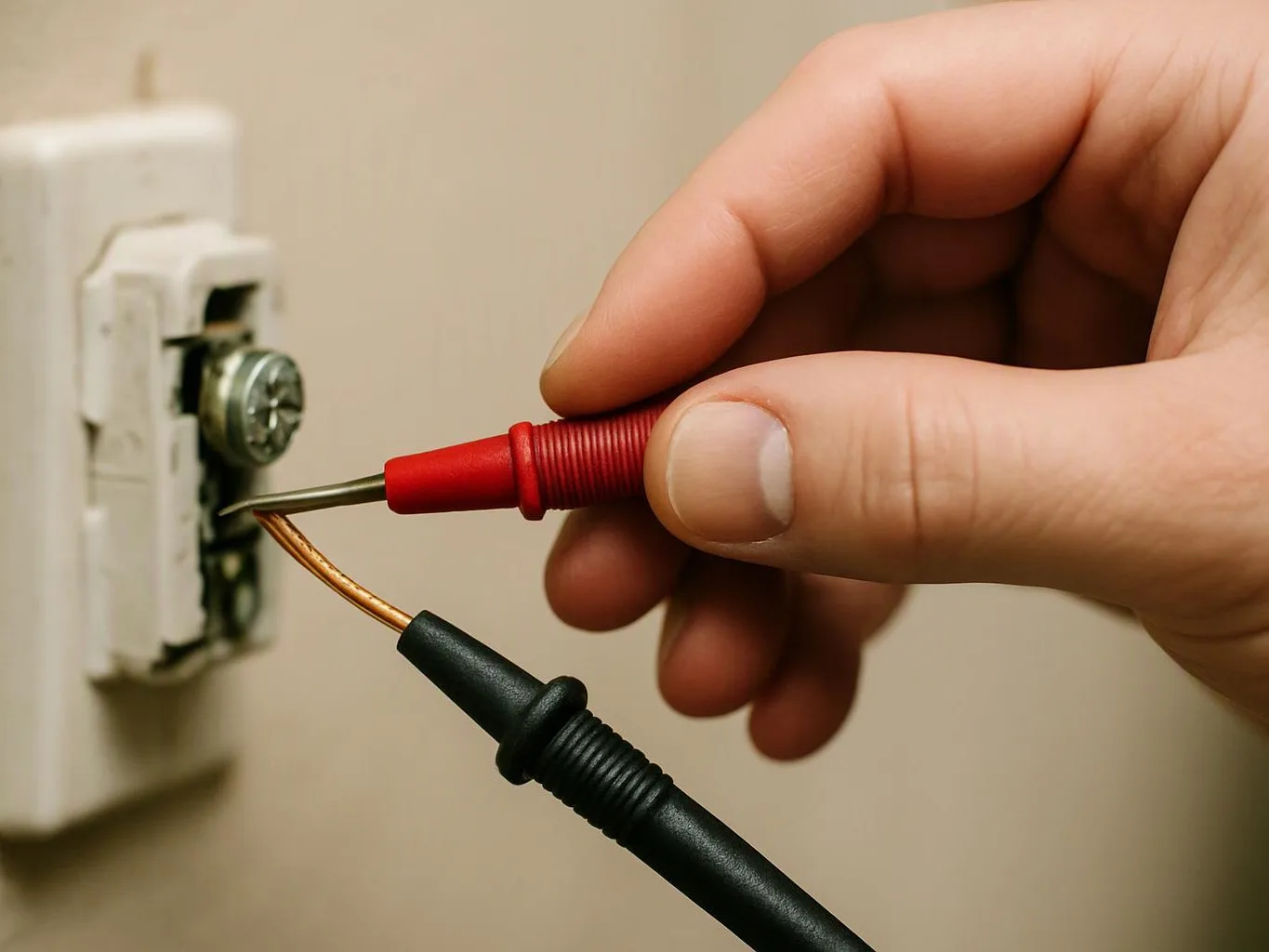A hand holds red and black probes near an exposed wall switch with a visible metal screw