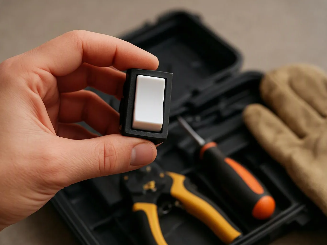 A hand holds a small white switch above a toolbox with pliers, a screwdriver, and work gloves