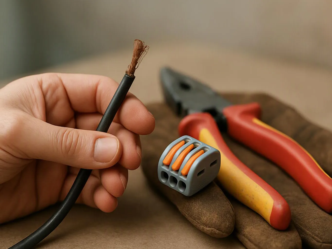 A hand holds a stripped black wire beside pliers and a small connector on a work surface