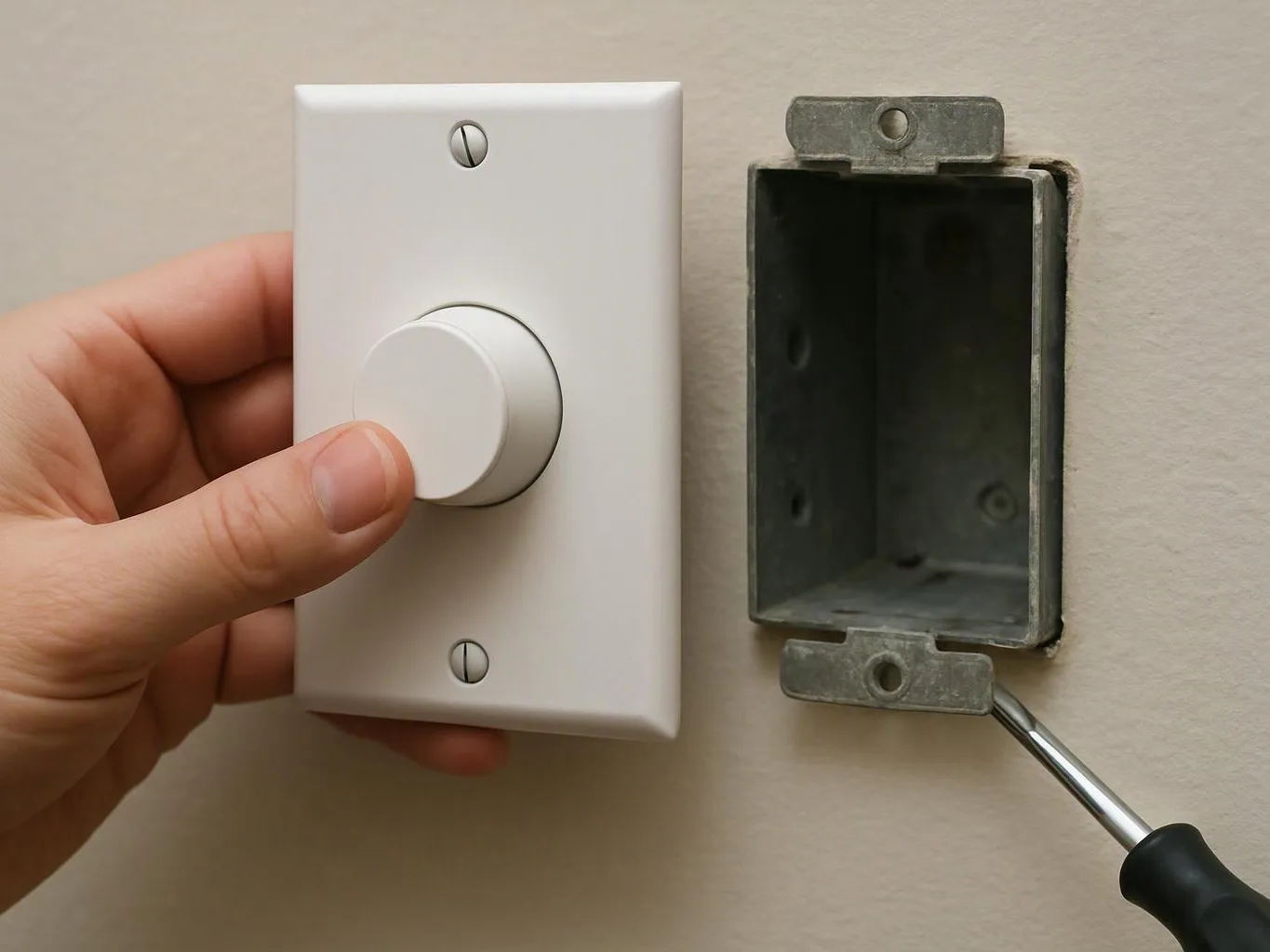 A hand holds a white dimmer switch beside an empty wall electrical box, with a screwdriver nearby