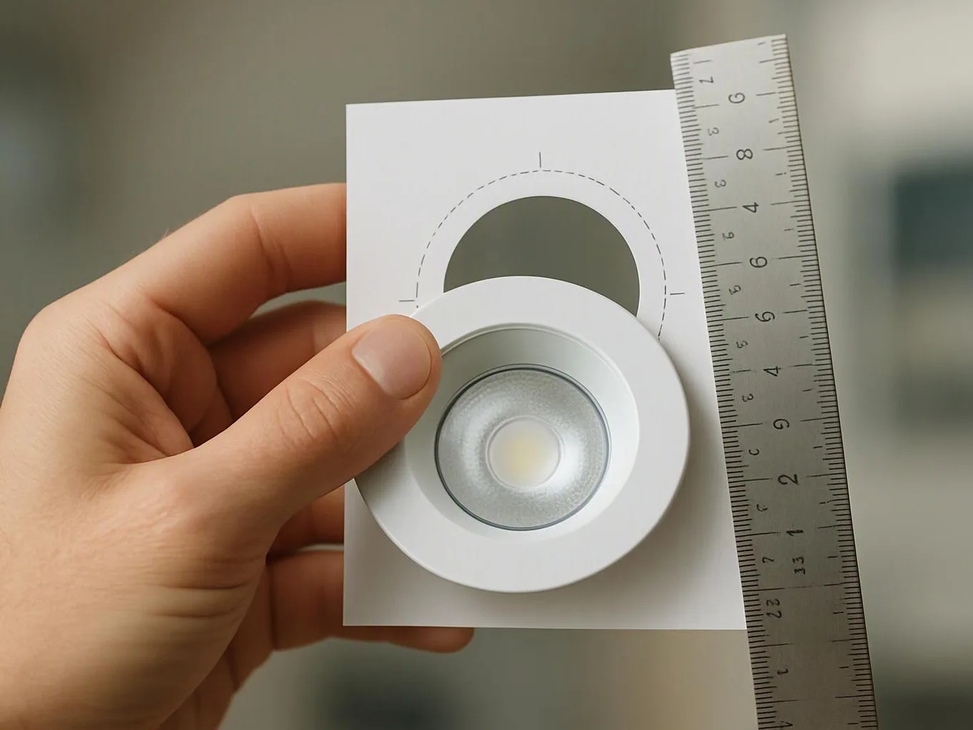 A hand holds a white light fixture sample card beside a metal ruler against a blurred background