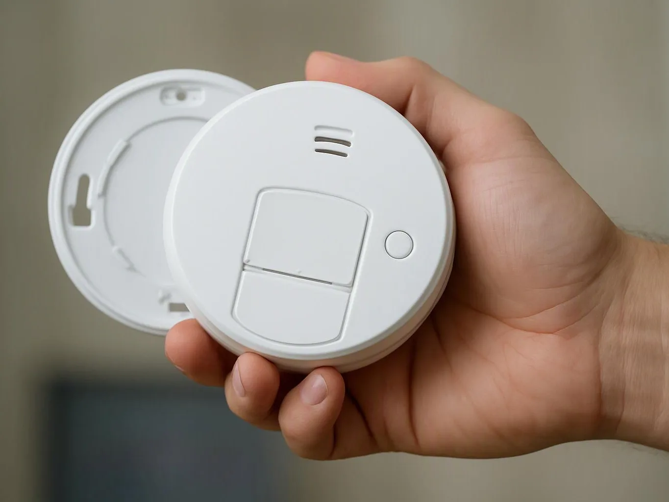 A hand holds a white round smoke detector with its mounting base behind it