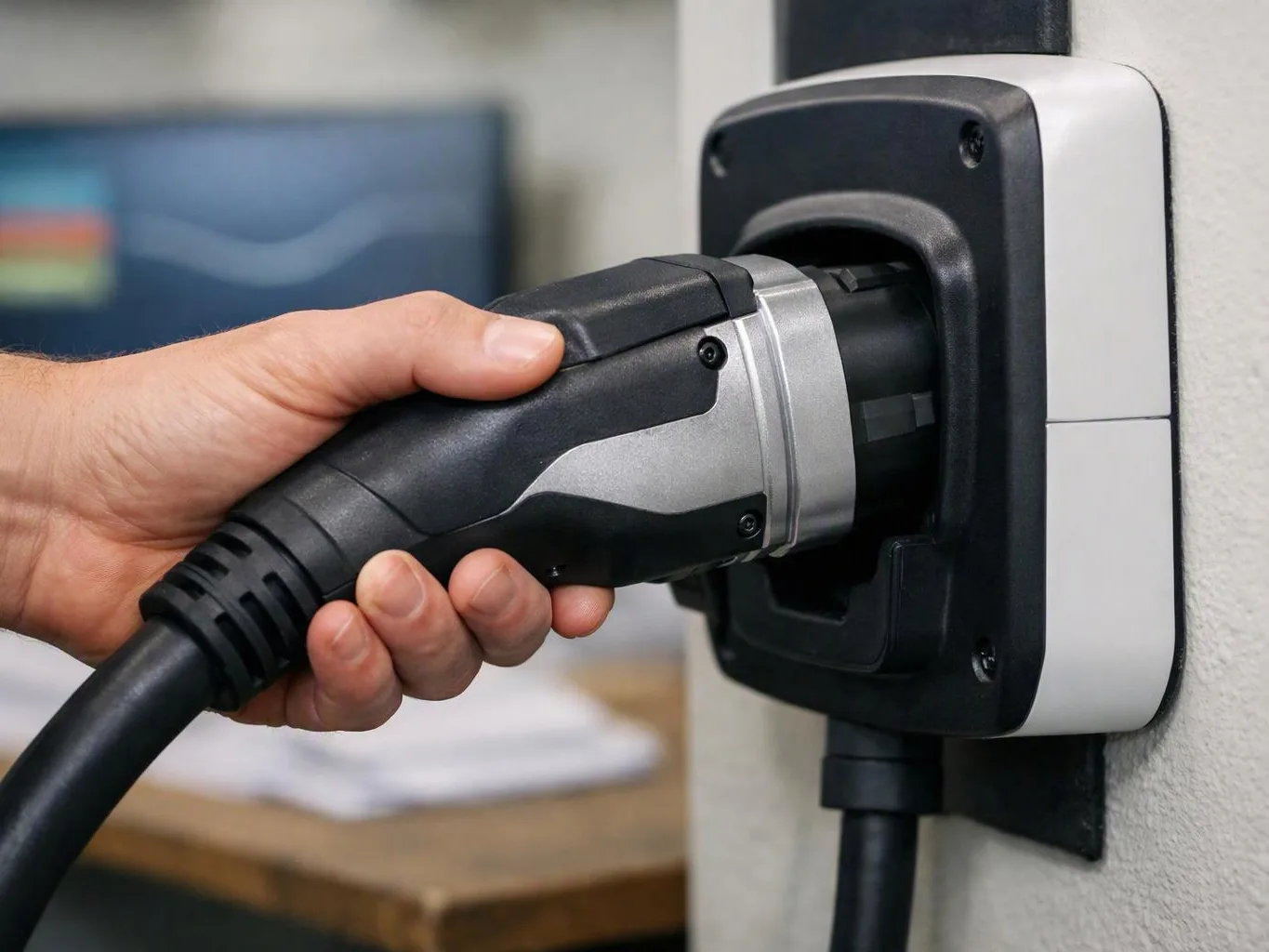 A hand plugs a black charging cable into a wall-mounted power socket indoors