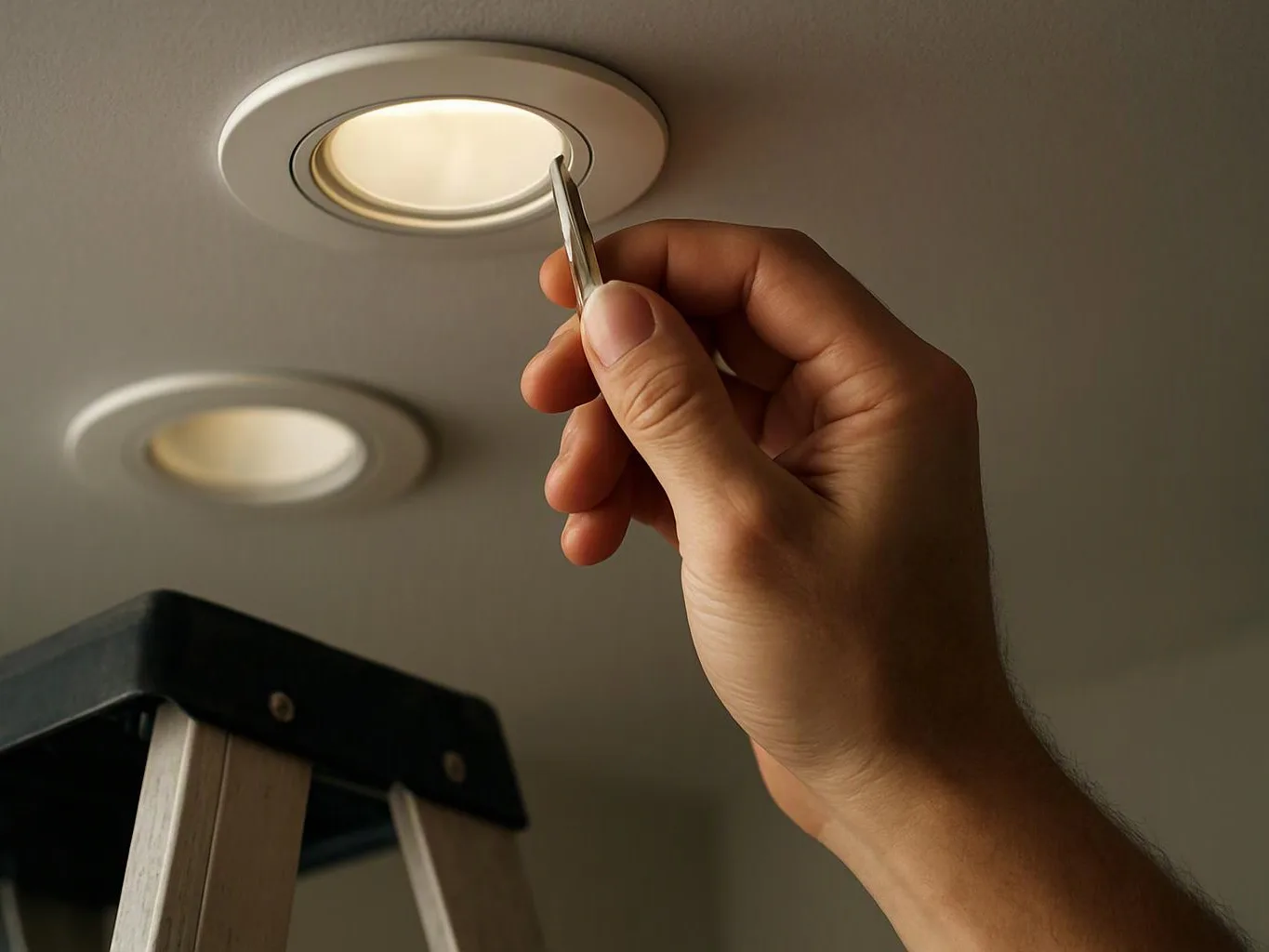 A hand uses a tool to adjust a recessed ceiling light above a ladder