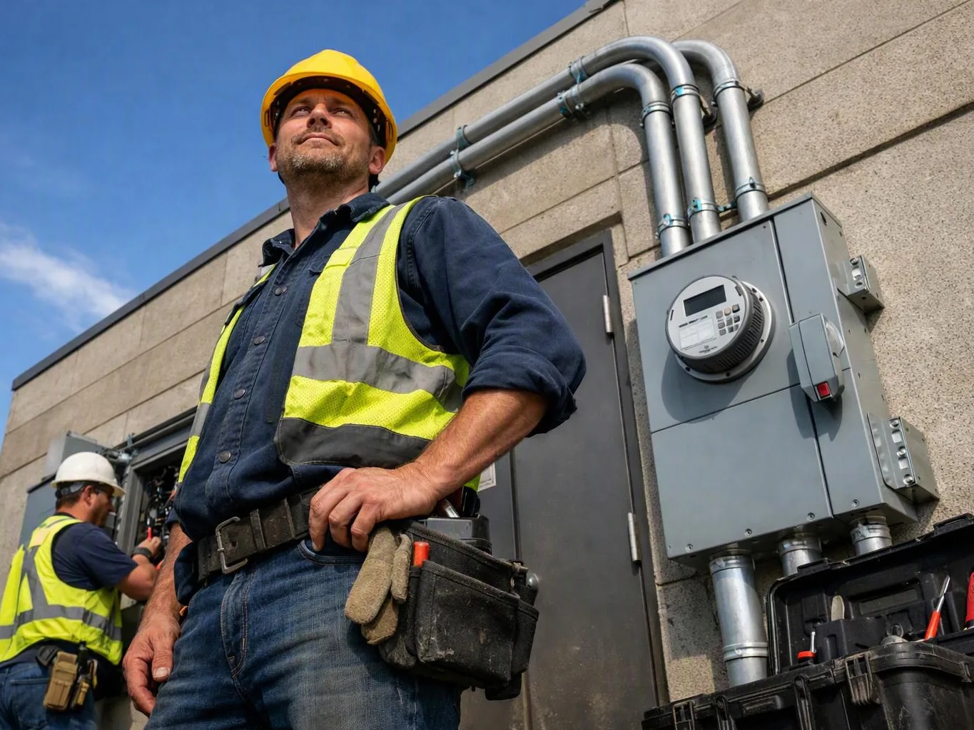 A hardhat-wearing worker stands by electrical equipment outside a building while another worker repairs a panel
