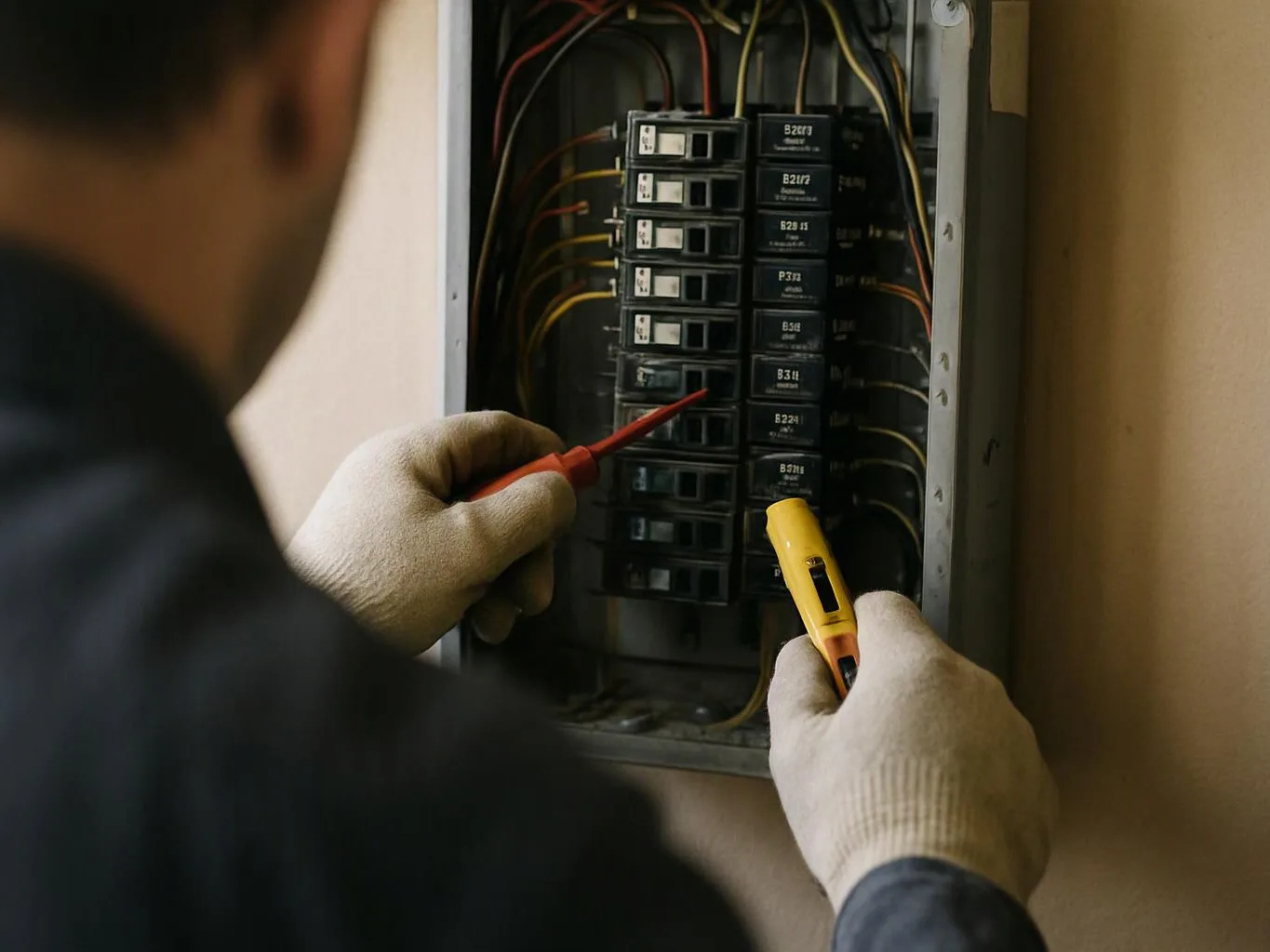 A gloved worker tests an open electrical breaker panel with probes in a wall-mounted box