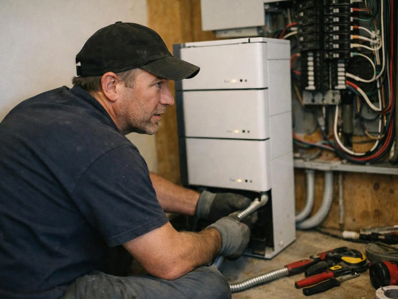 A man in gloves kneels beside an open electrical panel, working with a metal conduit and tools on the floor