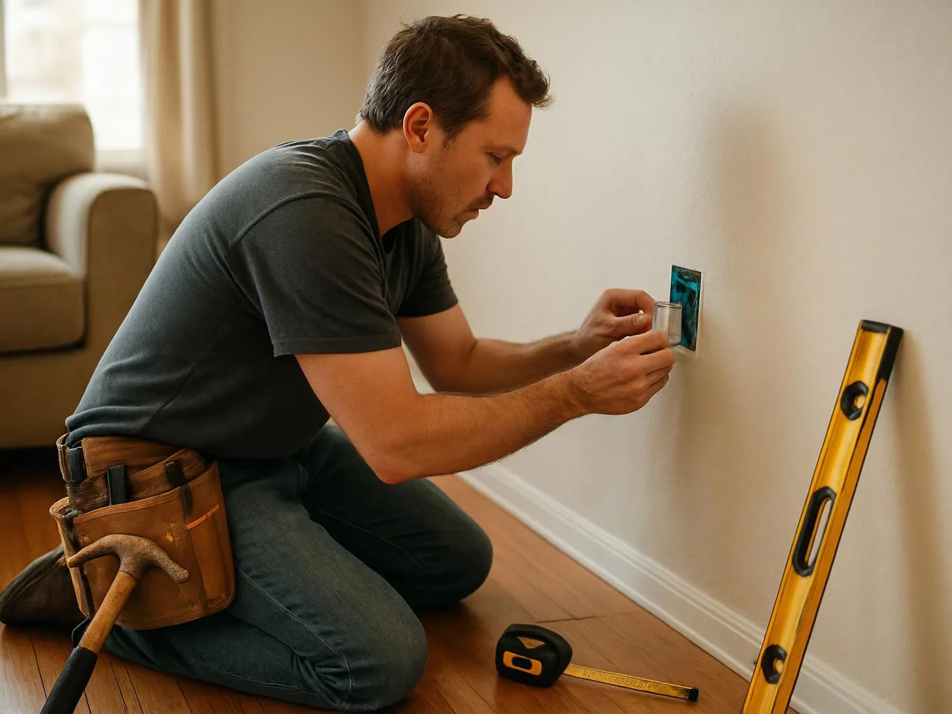 A kneeling man fits a wall fixture in a room with tools and a level nearby