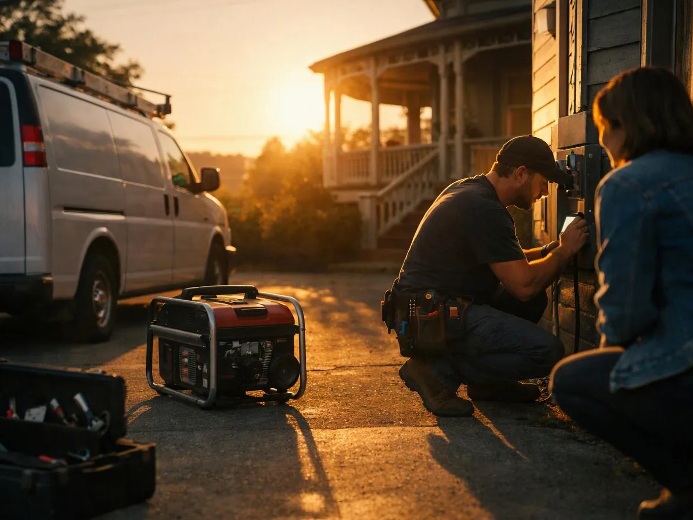 A kneeling man repairs a wall panel beside a house, with a van and generator nearby at sunset