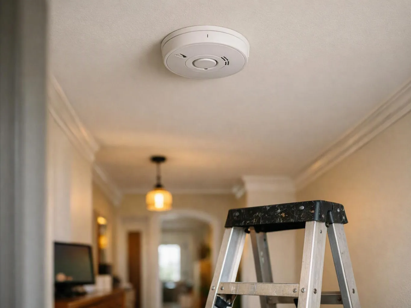 A ladder stands in a hallway below a ceiling smoke detector and hanging light, with a TV on the left