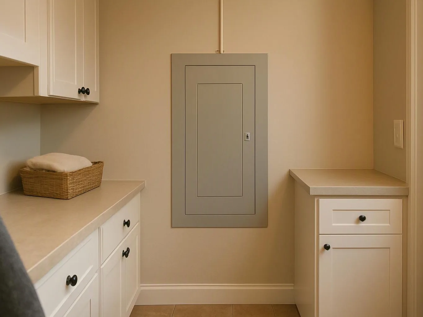 A laundry room shows white cabinets, beige counters, a woven basket, and a gray electrical panel on the wall