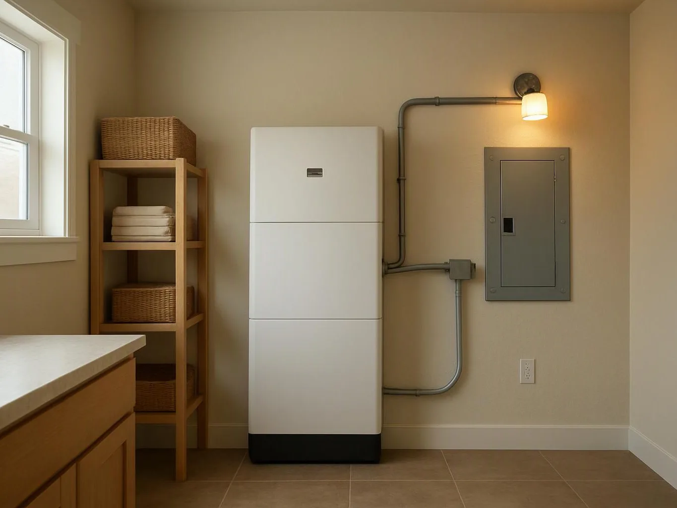 A laundry room shows a white stacked appliance beside shelves, a utility panel, and exposed conduit on beige walls