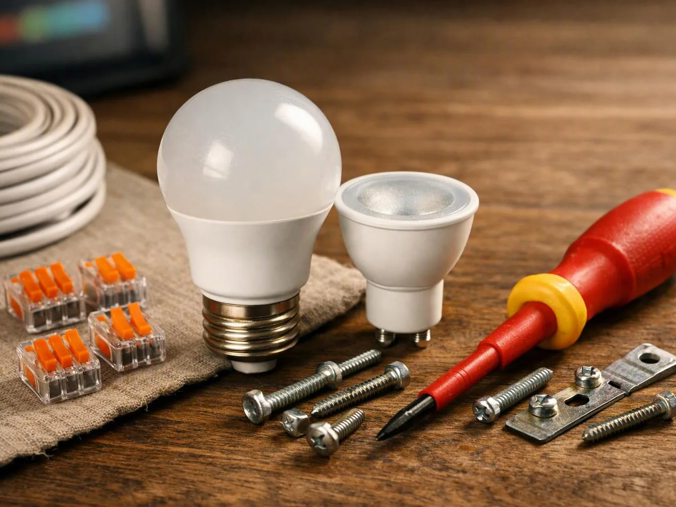 A light bulb, small spotlight, screwdriver, screws, connectors, and metal fasteners sit on a wooden workbench
