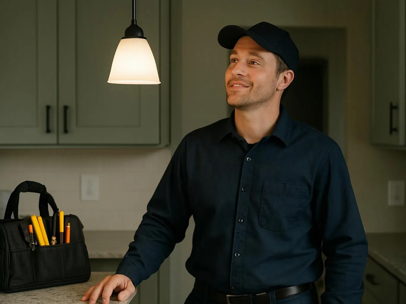 A man in a black cap and shirt stands in a kitchen beside a tool bag under a hanging light