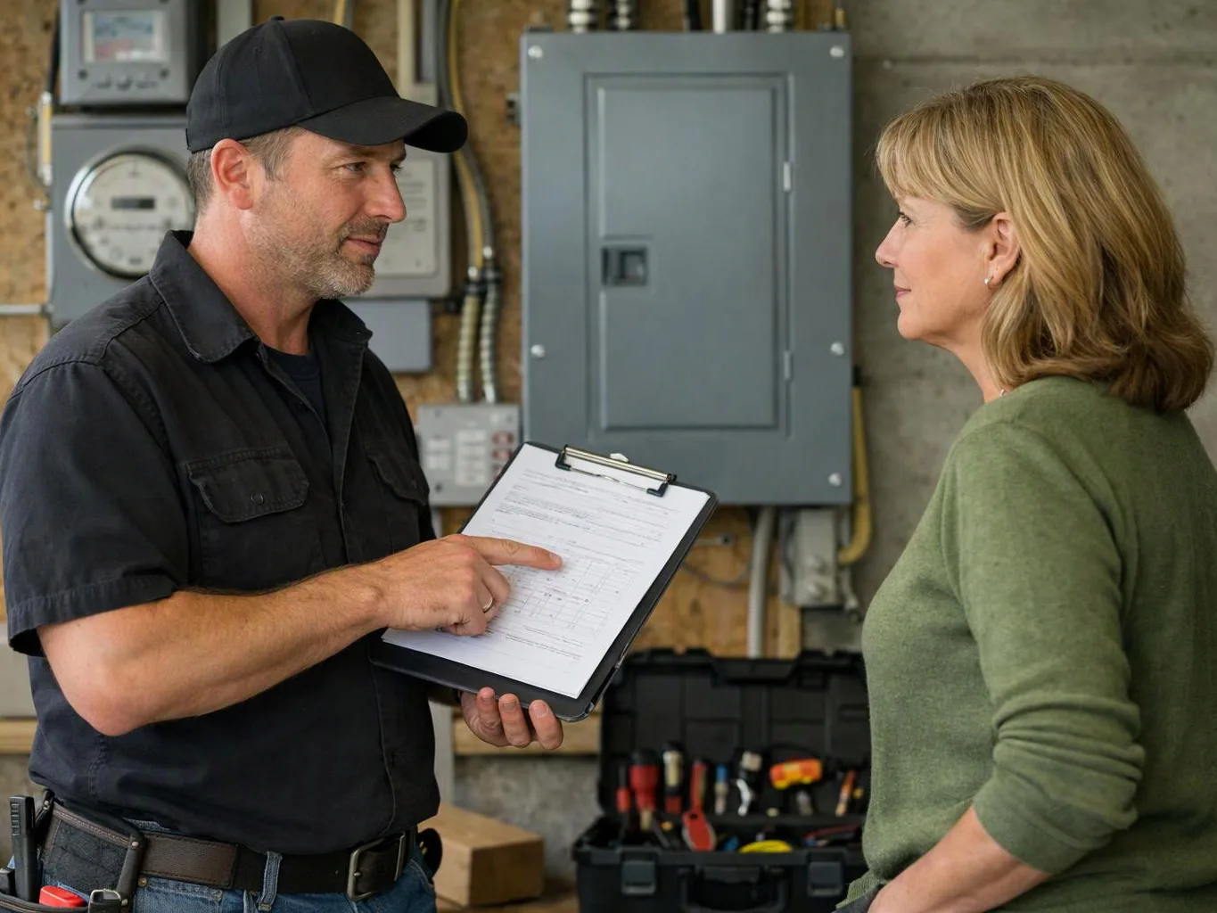 A man in a black cap shows a clipboard to a woman beside electrical panels and a toolbox