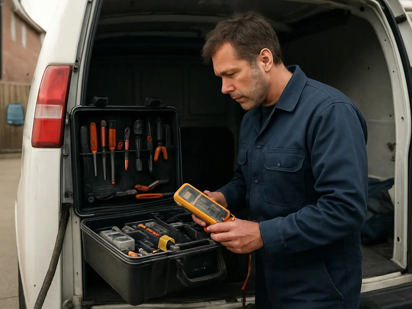 A man in a blue work shirt checks a handheld device beside an open tool case in a van