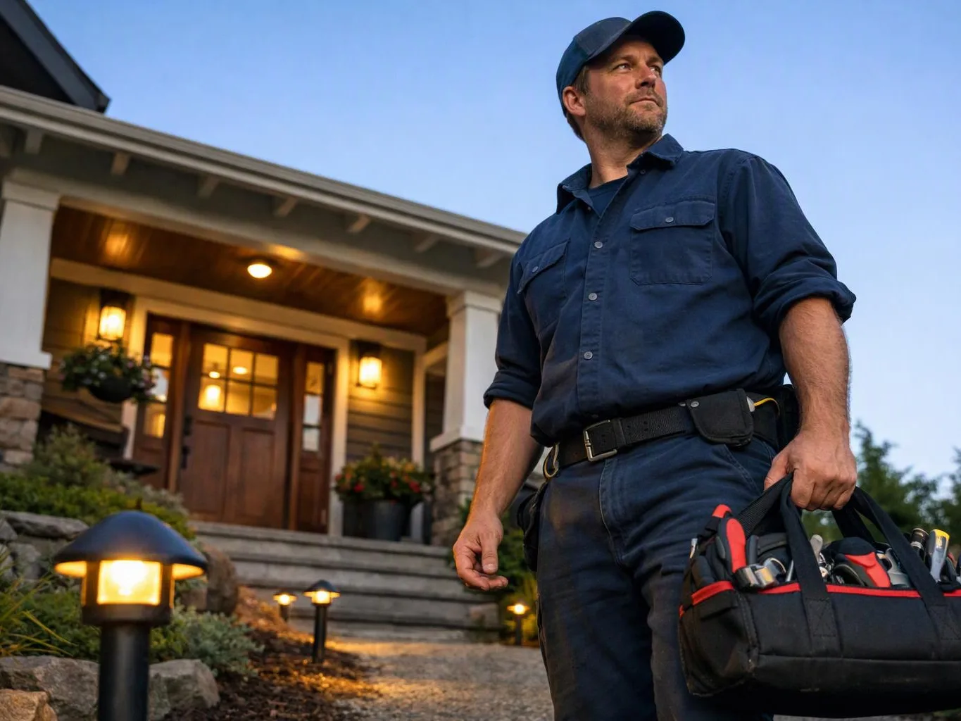 A man in a blue work uniform stands outside a lit house holding a tool bag