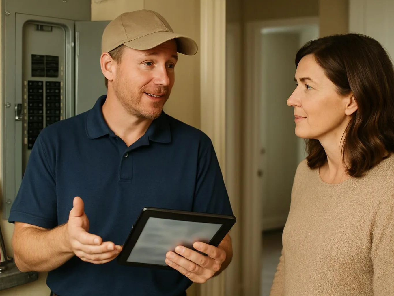 A man in a cap holds a tablet while speaking to a woman inside a hallway near an electrical panel