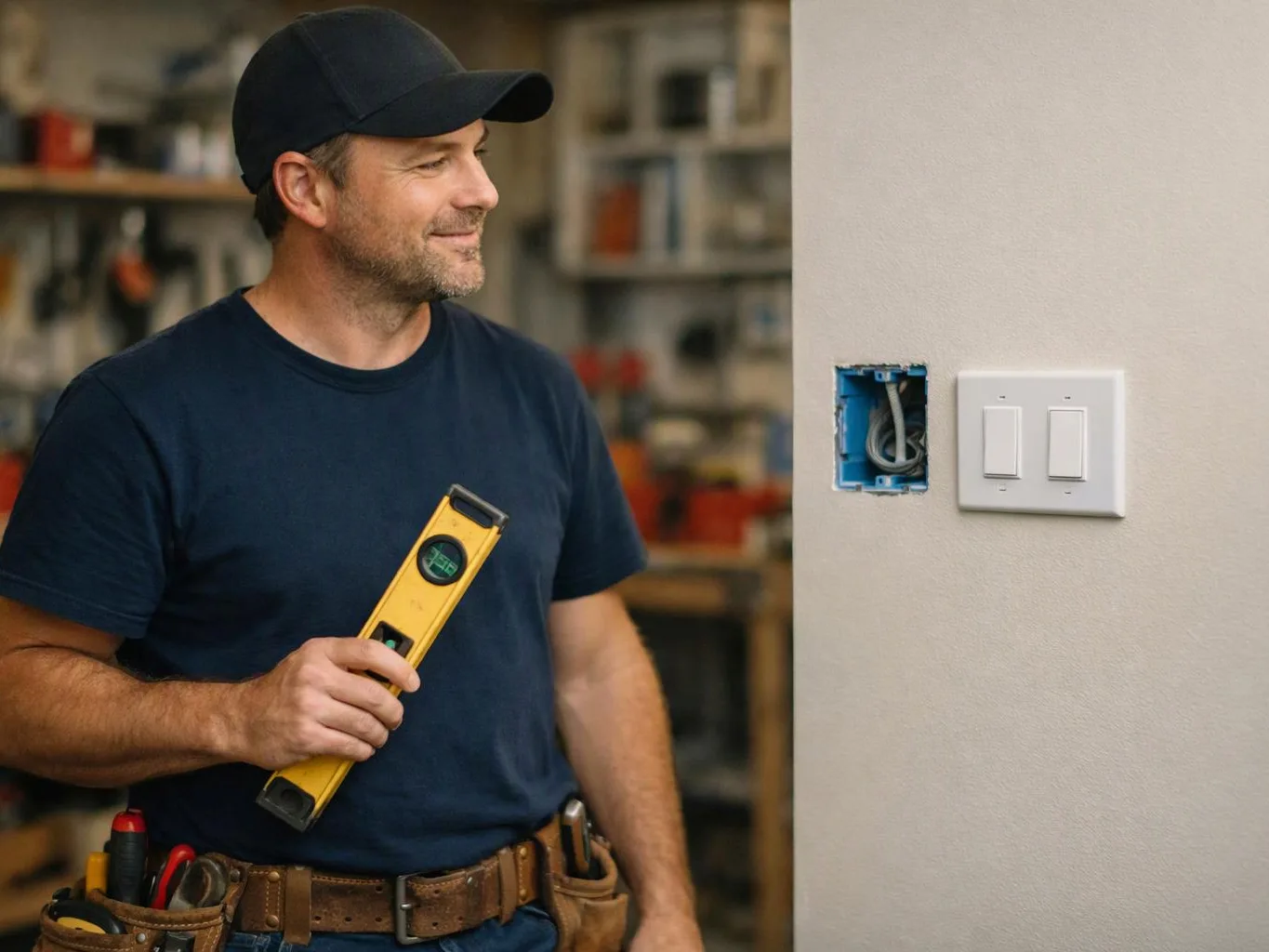 A man in a cap holds a yellow level beside a wall with a switch and open electrical box