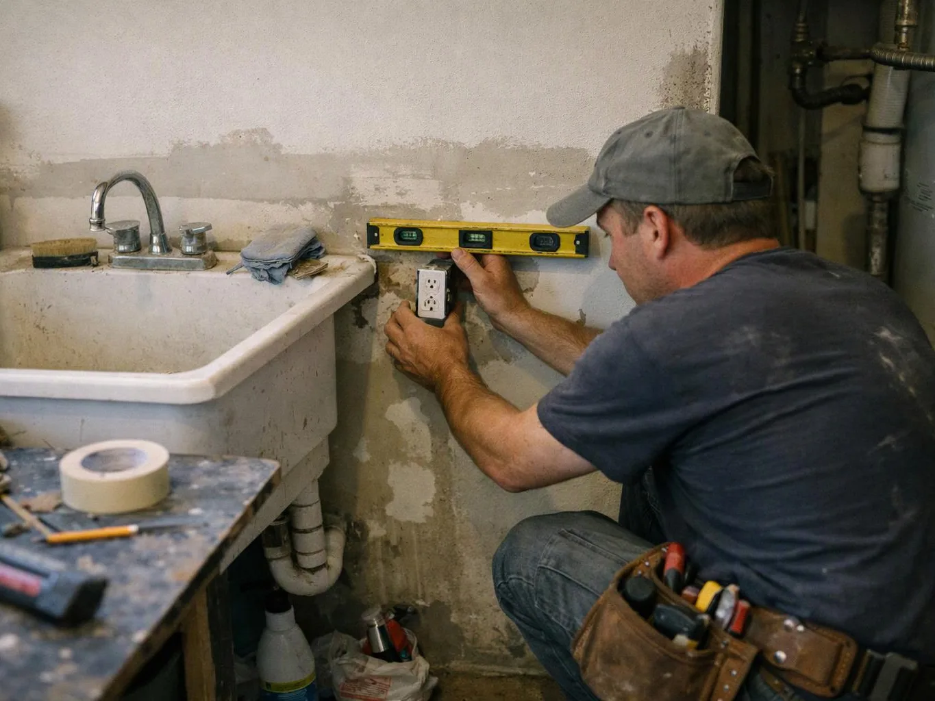 A man in a cap measures and installs an outlet beside a utility sink in a rough unfinished room