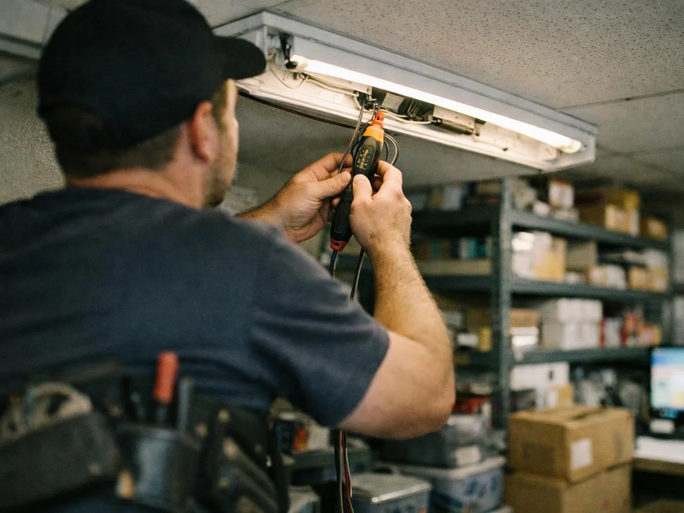 A man in a cap repairs a fluorescent light fixture in a storage room with shelves and boxes