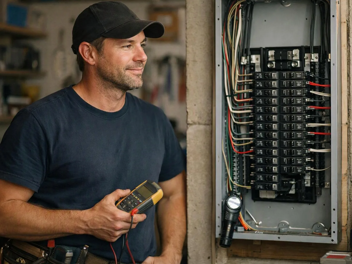A man in a cap stands beside an open electrical panel, holding a tester in a workshop setting