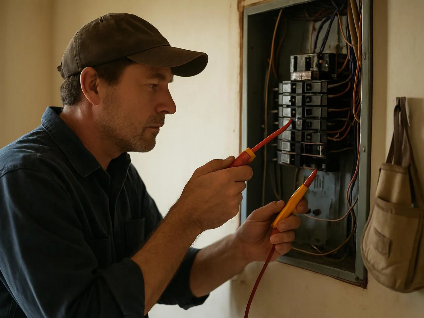 A man in a cap tests wiring inside an open electrical breaker panel with two voltage testers