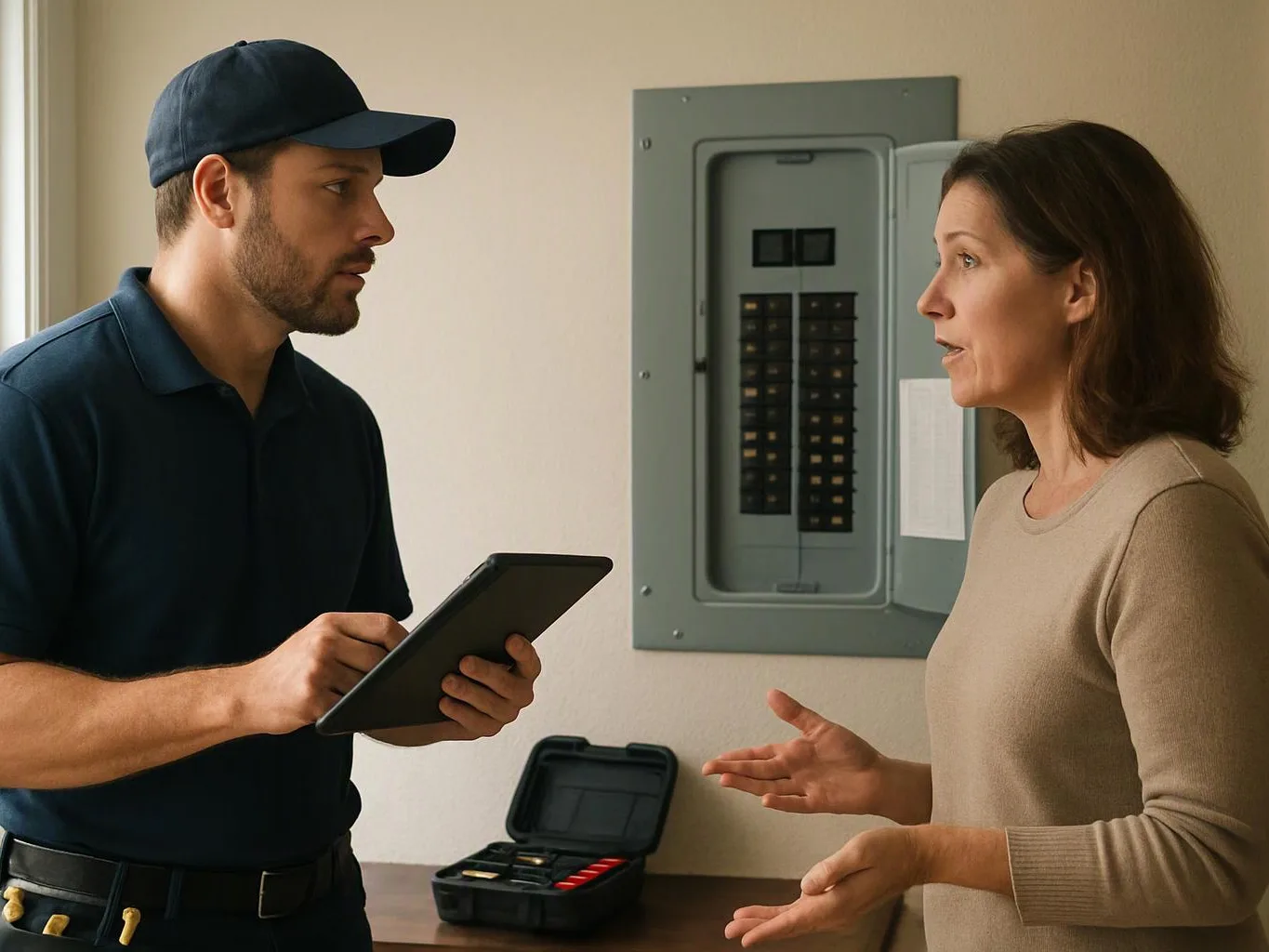 A man in a cap writes on a tablet while talking with a woman near an open electrical panel