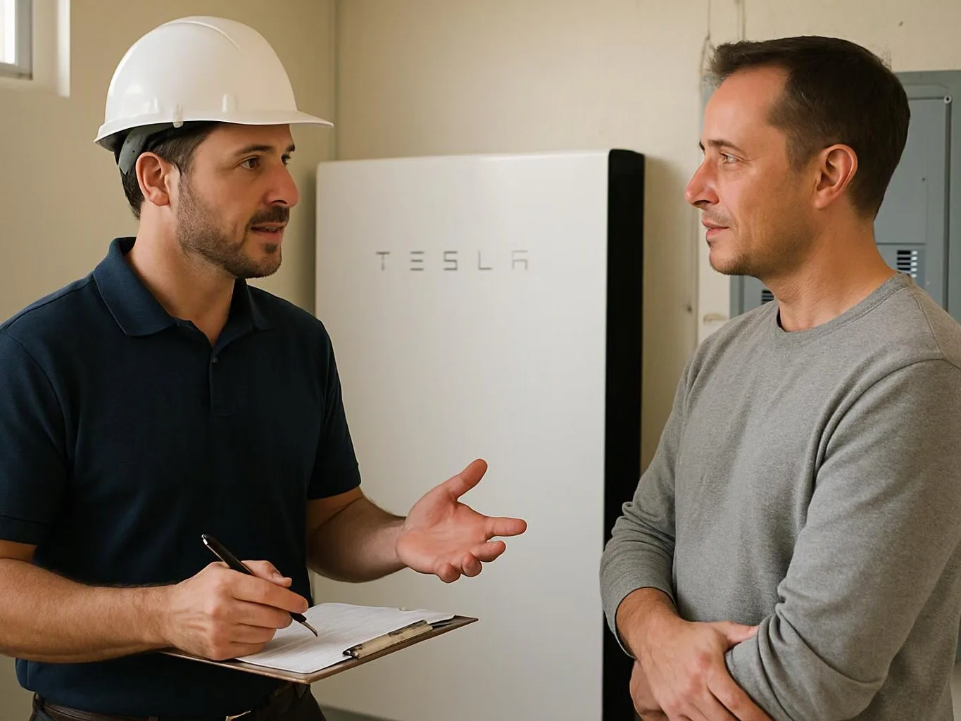 A man in a hard hat takes notes while talking to another man beside a Tesla battery unit