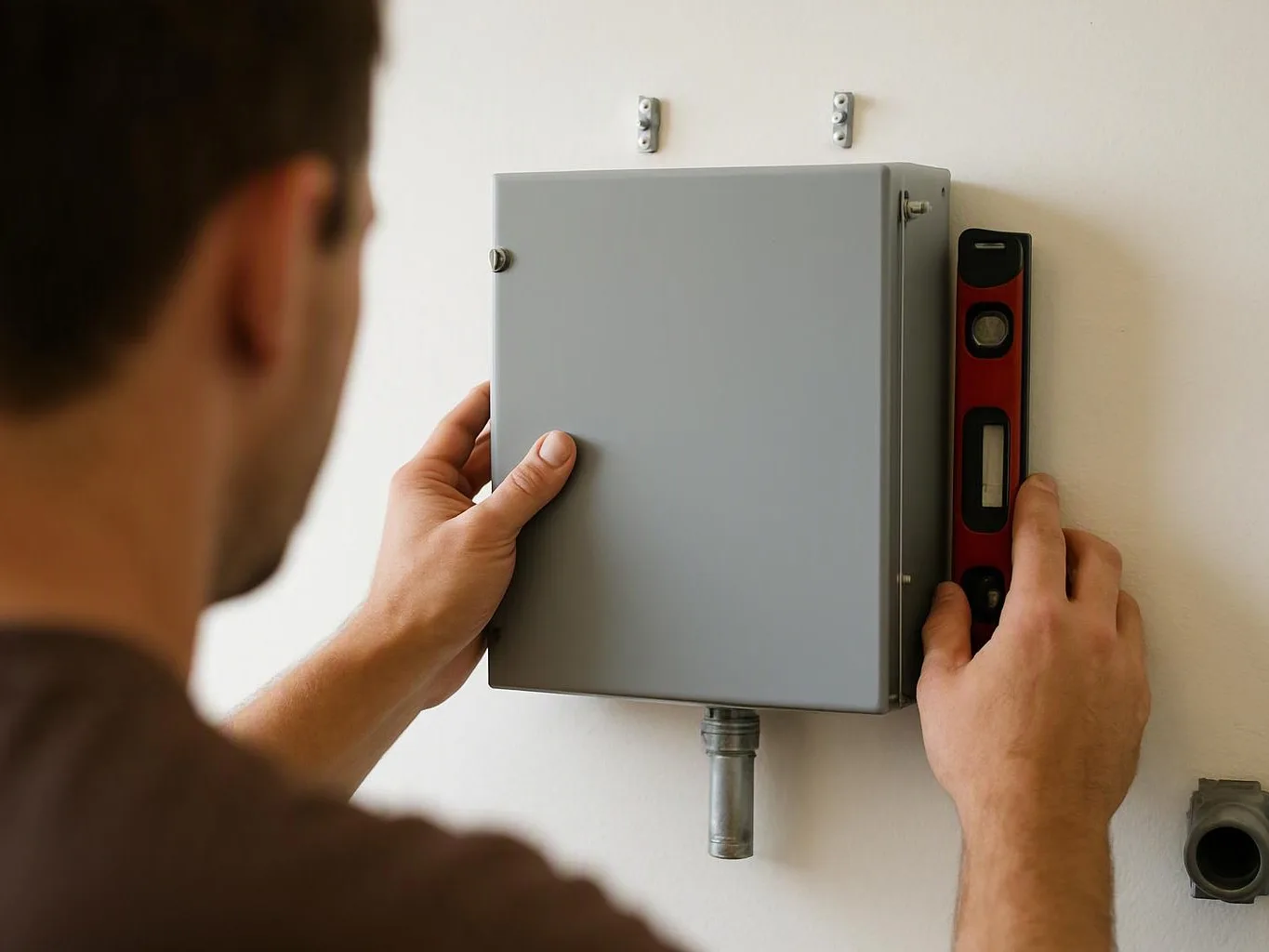 A man holds a wall-mounted gray electrical box while checking its level with a red spirit level