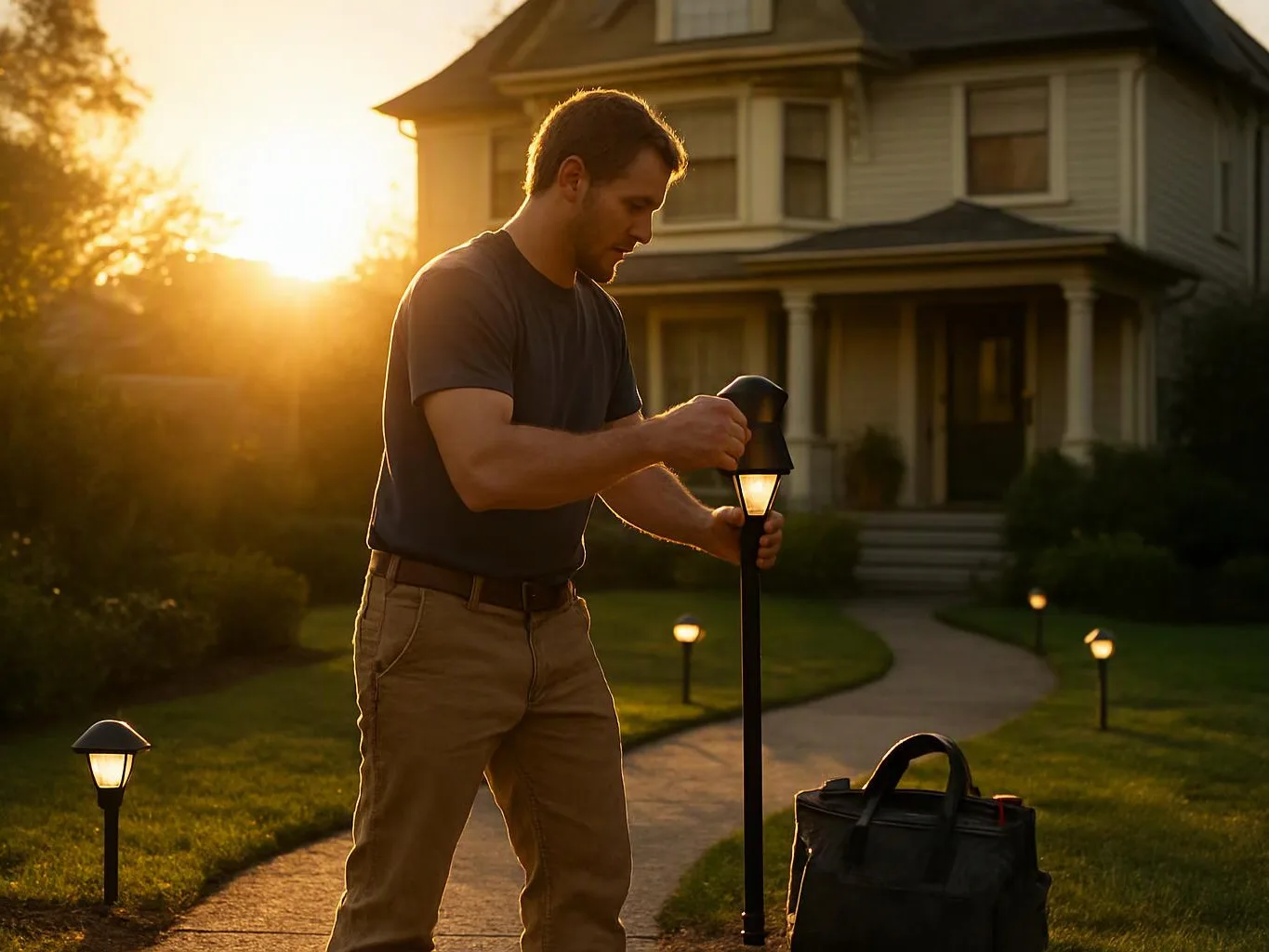 A man installs a glowing garden light beside a walkway in front of a house at sunset